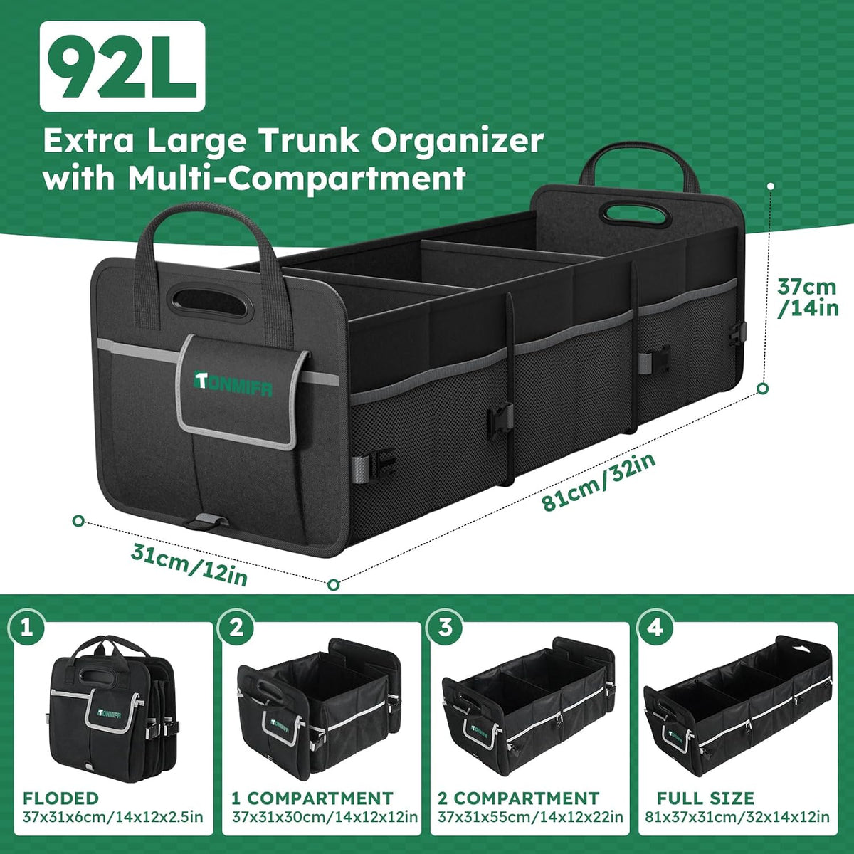 112L Large Capacity Car Trunk Organizer with 20L Insulated Fresh-Keeping Bag, Heavy-Duty 600D Waterproof Oxford Collapsible Storage for SUV, Sedan, Truck, 2 Securing Hooks & Reflective Strips