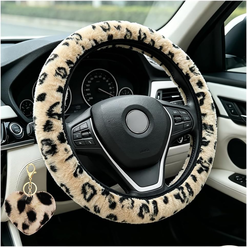 Pink Leopard Steering Wheel Cover with Fluffy Keychain Fit 14"-15"