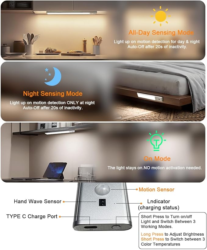 Under Cabinet Lighting,Rechargeable Motion Sensor Light Indoor with Hand Wave Sensor, 3 Color Temps,2Pack Magnetic Dimmable Closet Lights,Wireless Under Counter Lights for Kitchen, Stairs,Hallway