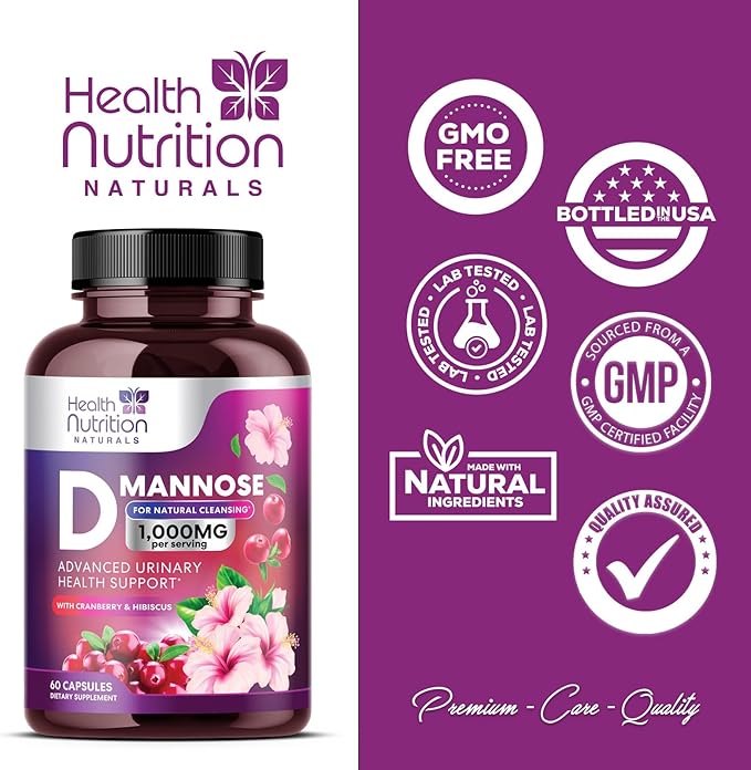 D-Mannose with Cranberry, Hibiscus & Dandelion 1350mg Advanced Formula – Urinary Tract Support Supplement for Women & Men – Flush & Cleanse Impurities – Non-GMO, Vegan for Women & Men – 60 Capsules