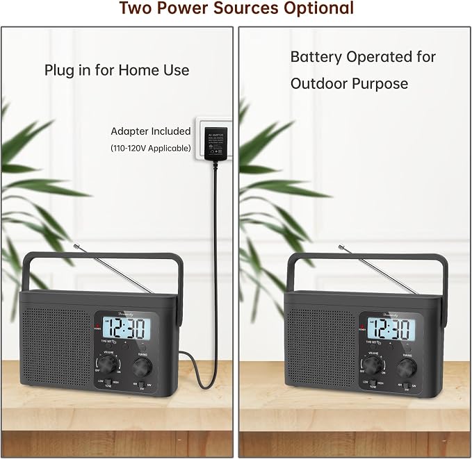 DreamSky AM FM Radio Portable - Shortwave Radio Battery Powered or Plug in Wall for Home Outdoor, Strong Reception, Large Dial Easy to Use, Digital Time Display, Transistor Antenna, Seniors Small Gift