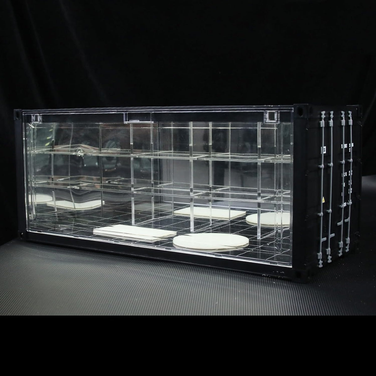 1/64 Scale Display Case with LED Light–Container Box Style Garage Diorama | Compatible with Hot Wheels Matchbox Mini GT Diecast Cars and Storage Stackable, for Model Car and Figures Display
