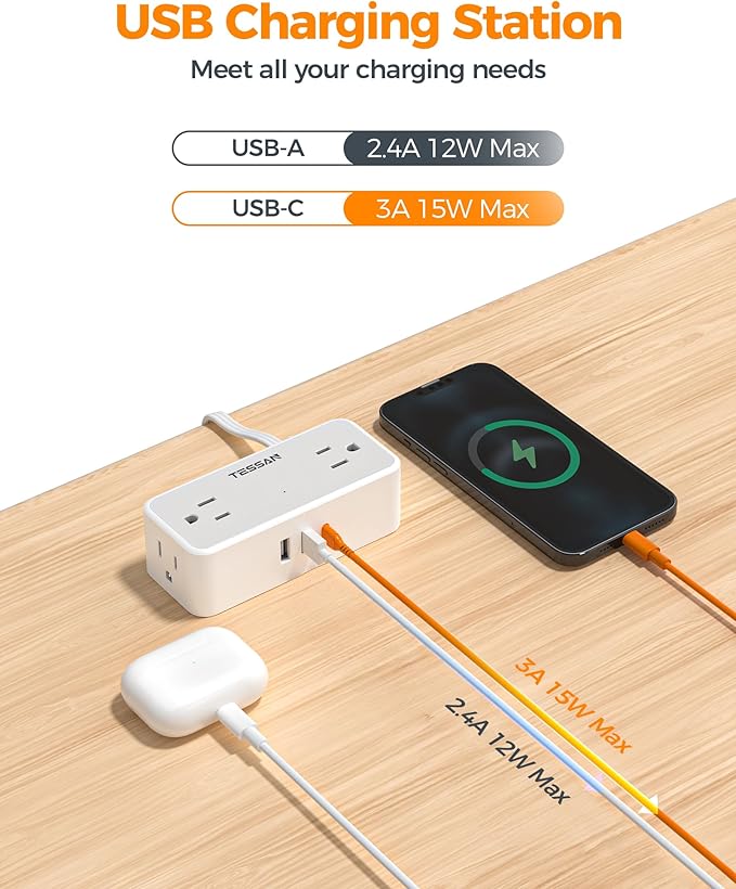 TESSAN Flat Plug Extension Cord 25 FT, Surge Protector Power Strip with 4 AC Outlets 1 USB C and 2 USB A Ports, 900 Joules Protection, Multiple Wall Outlet Extender Suitable for Office Dorm, Grey