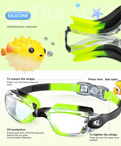 NSSIW Kids Swimming Goggles - Anti-Fog UV400 Protection | No Leak Design for Ages 6-14 | 3 Pack