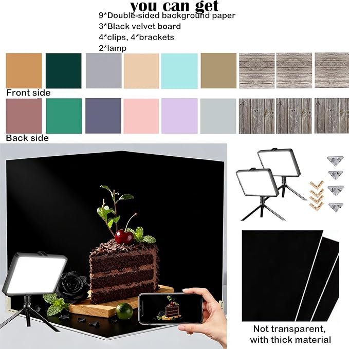 Photo Backdrop Board with 2 LED Lighting Shooting Kit, Anti-Glare Black Flocked