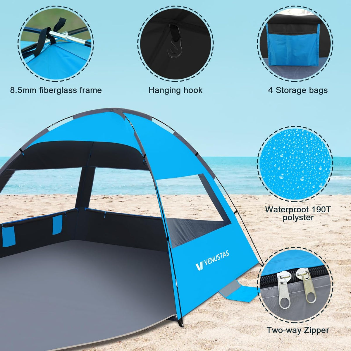 Venustas Beach Tent - Sun Shelter for 4 People | Durable Aluminum Rod Pole Accessories