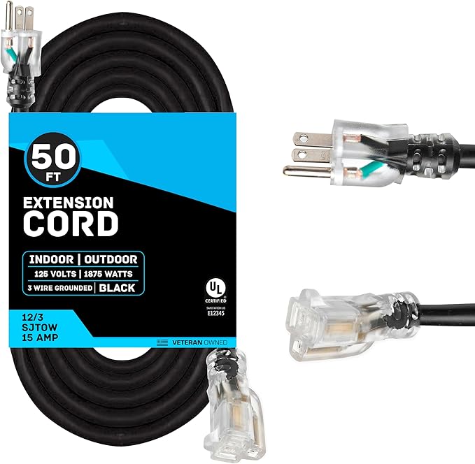 THONAPA 12 Gauge Outdoor Extension Cord 50 ft, SJTOW Oil Resistant & Flame Retardant, 12/3 Black Heavy Duty Extension Cord 50ft with 3 Prong for Farm, Ranch, Workshop, Major Appliances