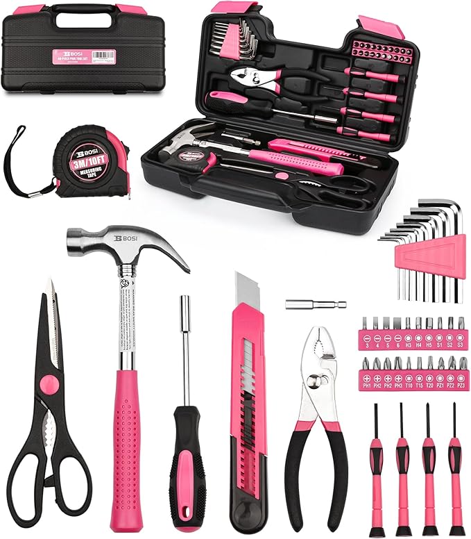 40-Piece Pink Tool Set for Girls, Ladies and Women, General Household 40 PCS Hand Tool Kit with Plastic Toolbox, Essential Tools for Home, Garage, Office and College Dormitory Use