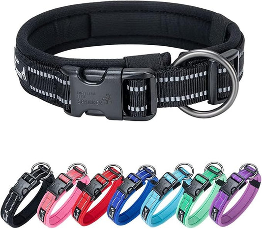 EXCELLENT ELITE SPANKER Reflective Dog Collar Classic Soft Padded Breathable Nylon Adjustable Pet Collar with Quick Release Buckle for Boy Girl Male Female Small Medium Large Dogs Training(Black-M)