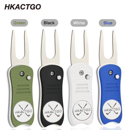 HKACTGO Golf Divot Repair Tool with Premium Metal Gift Box, Heavy Duty 2-Layer Stainless Steel & ABS, Thicker & Harder Prongs, Foldable, Magnetic Ball Marker,Black