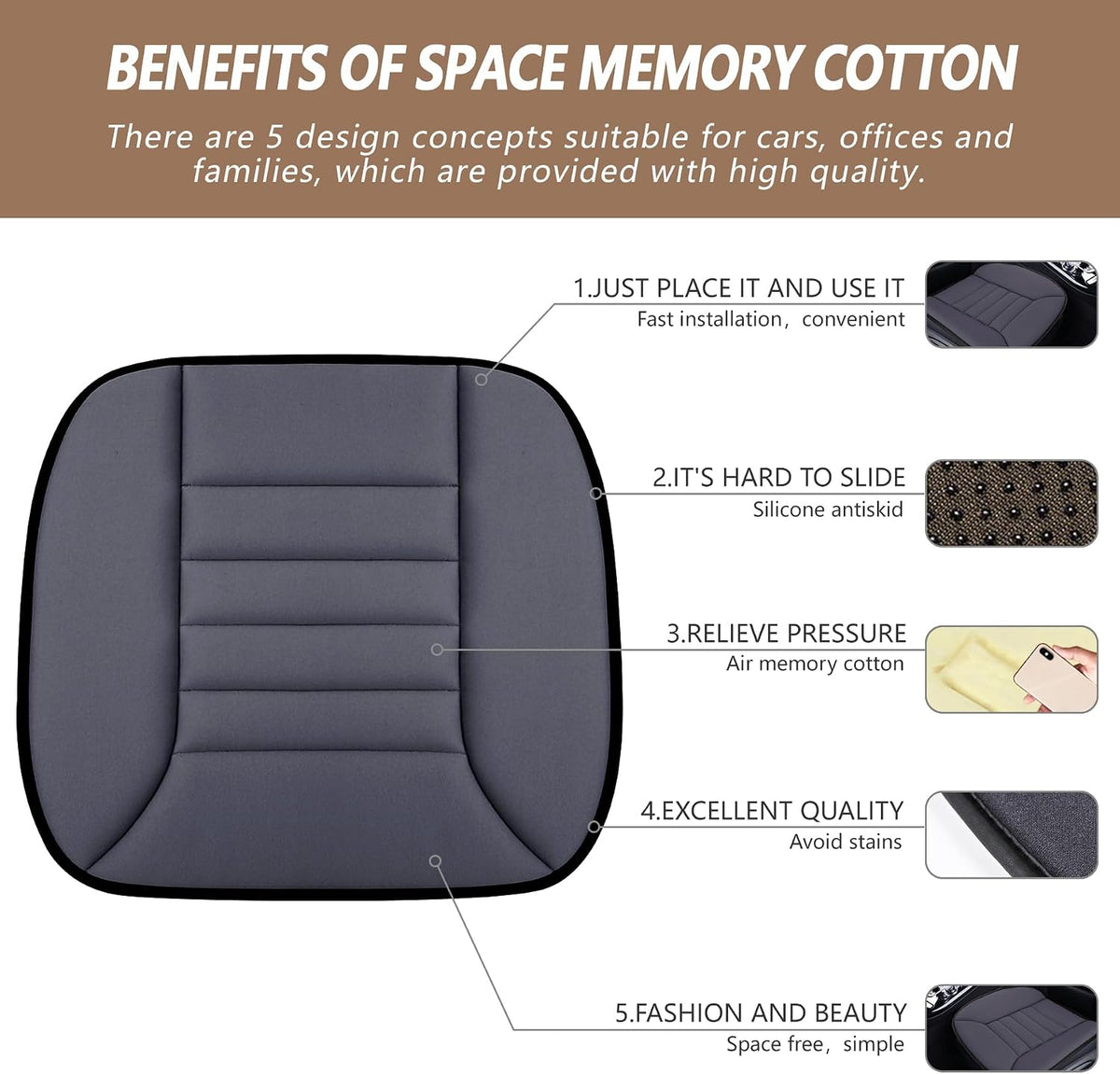 MYFAMIREA Car Seat Cushion Pad 1.2" Thick Comfort Seat Protector for Car Driver Seat Office Chair Home Use Memory Foam Seat Cushion with Non Slip Bottom, 20'' x 18.5'', Dark Gray
