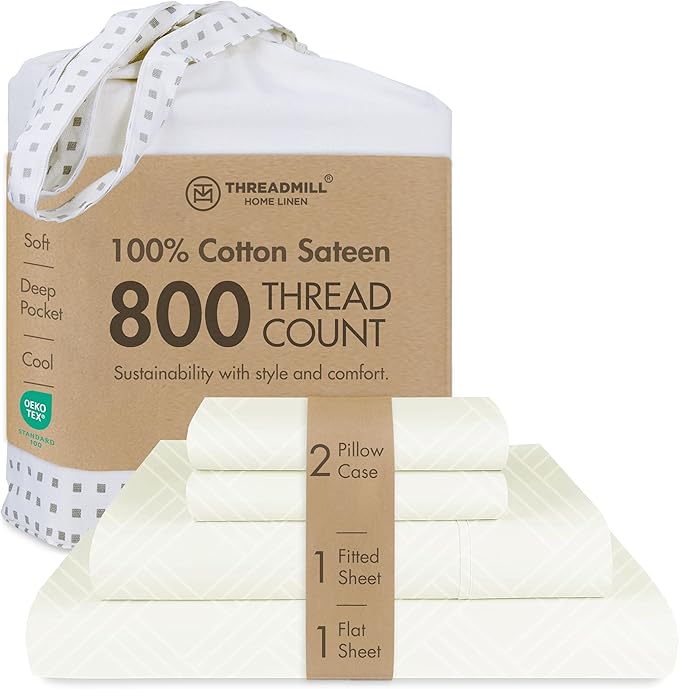 Threadmill Luxury 100% Cotton Queen Bed-Sheets - 800 Thread Count Jacquard Celine Ivory, Better Than Egyptian Cotton,4 Pc Striped Bed Set, Damask Sheets with Elasticized Deep Pocket