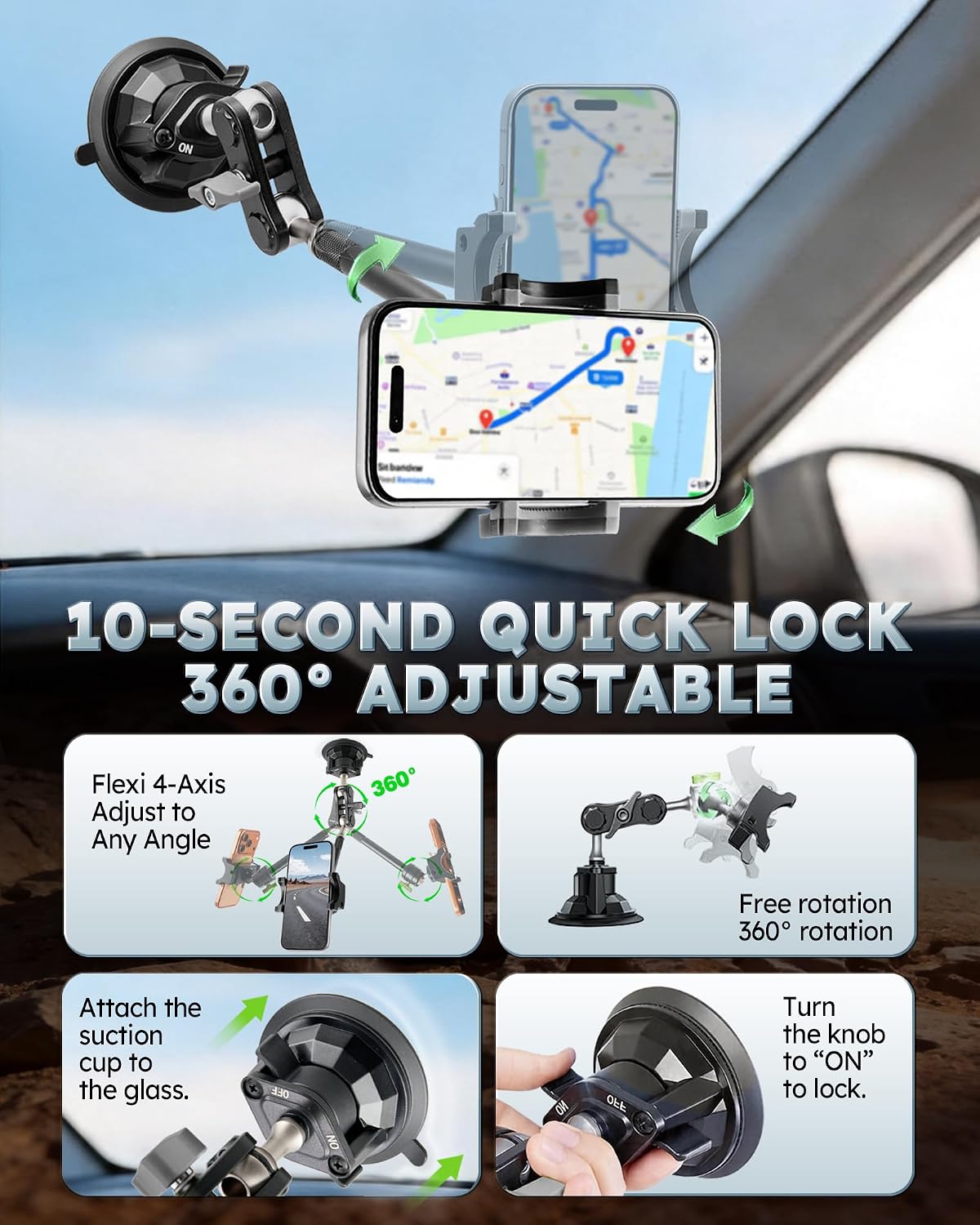 Semi Truck Phone Mount for Drivers, 360° Anti-Shake with Extension Rod