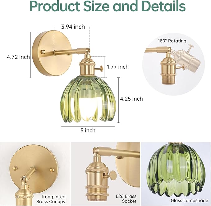Vintage Battery Operated Wall Sconce with Green Tulip Glass Lampshade Rechargeable Battery Powered Wall Light with Remote Control for Bedside Bedroom Doorway