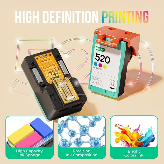 Nelko 520 Genuine Color Ink Cartridges, 2.0 High-Yield Ink Cartridge Compatible