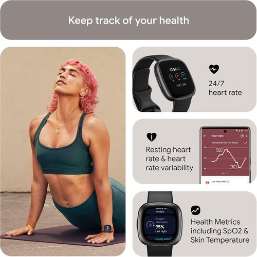Fitbit Versa 4 Fitness Smartwatch - Daily Readiness, GPS, 24/7 Heart Rate, Black/Graphite, One Size (S & L Bands)