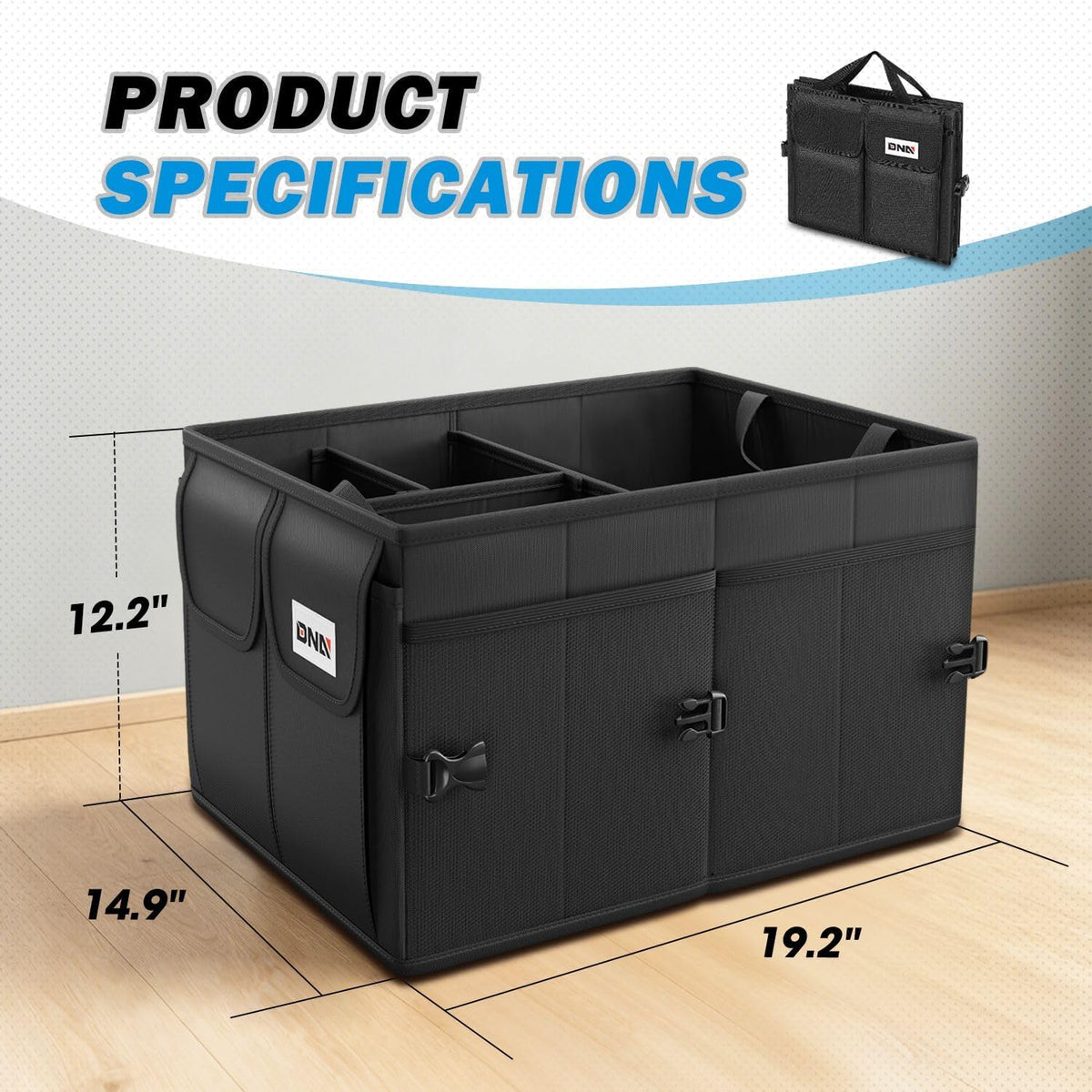 DNA Motoring Trunk Organizer for SUV, Large Capacity Car Organizer and Storage with 4 Compartment, Foldable Trunk Organizer for Car, 60L Black