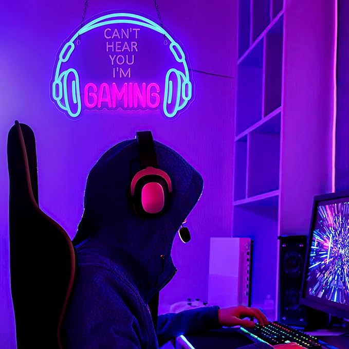 Gaming Neon Sign, Large Bright and Dimmable Colored LED Headset Gamer Neon
