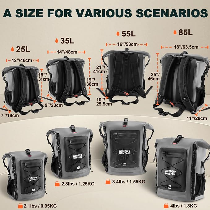 OSAH DRYPAK Waterproof Backpack Dry Bag 35L/55L/85L – Heavy Duty Roll-Top