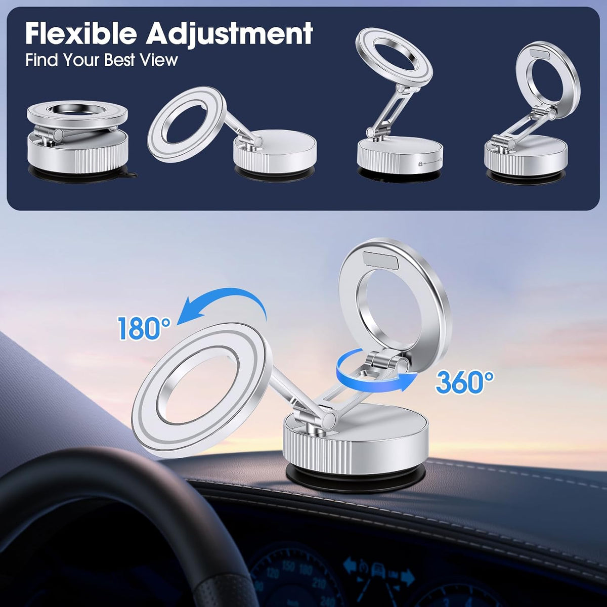LifetimeWarranty Durability Magnetic Car Phone Holder, 360°Adjustable Car Mount w/ Vacuum Suction, Pocket Size Strong Magnetic Phone Mount for Dashboard&Windshield, Compatible with iPhone 17-12,Silver
