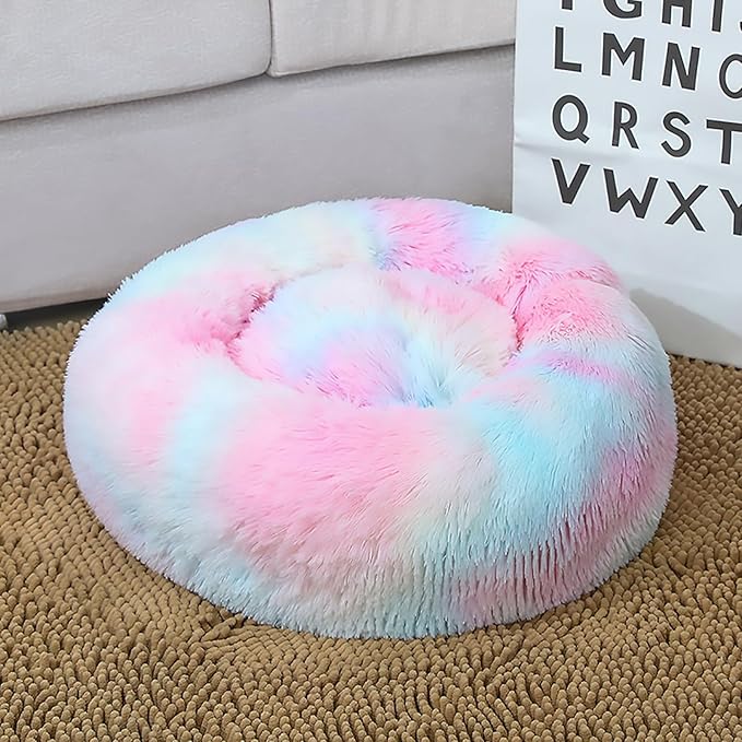 Calming Dog Bed for Small Dogs, Calming Donut Cuddler Pet Bed Anti Anxiety Round Dog Bed Fluffy Plush Faux Fur Cat Bed,Colorful Pink,15.7IN