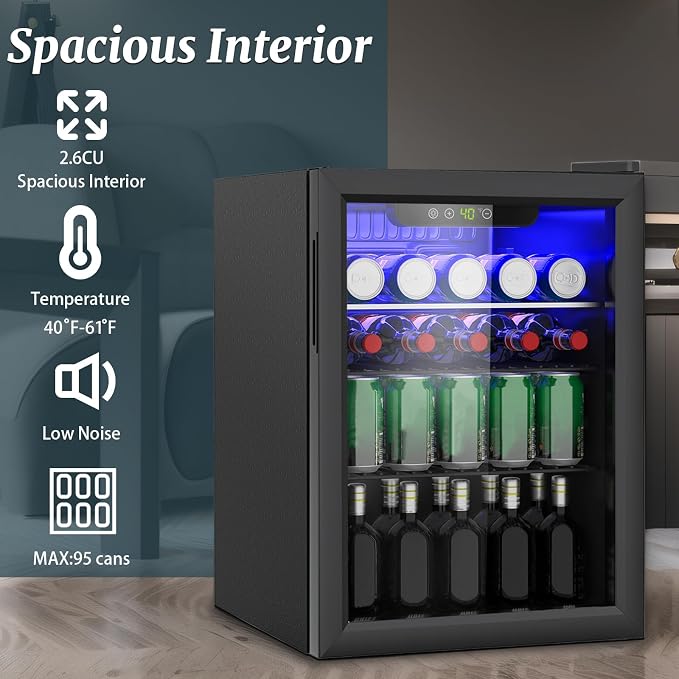Compact 95 Can/2.6Cu.Ft Mini Fridge, Reversible Glass Front Door | For Soda, Beer or Wine, Portable Small Beverage Refrigerator with Digital Display & Removable Shelves for Office, Dorm, Bar