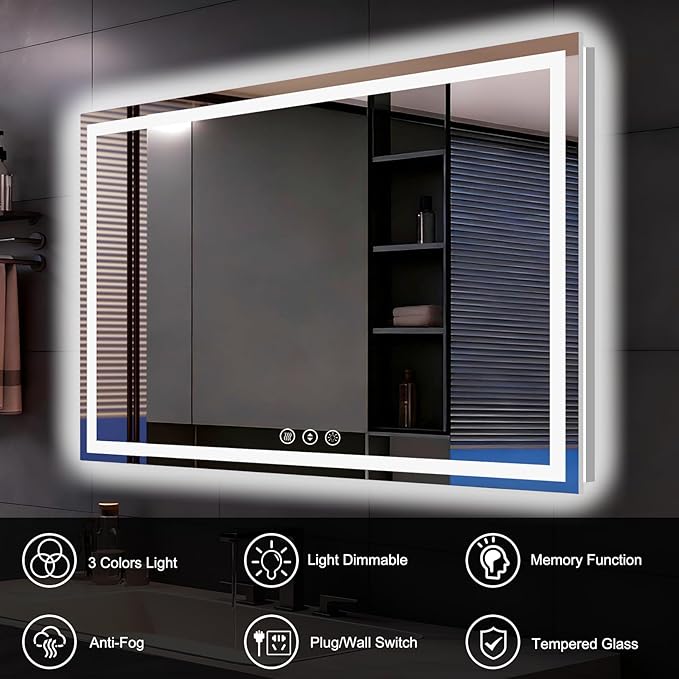 WTTY LED Bathroom Mirror 55"x30" with Back and Front Light,Modern LED Mirror for Bathroom,Stepless Dimmable Lighted Bathroom Vanity Mirror with Anti-Fog,Memory Function,Shatter-Proof