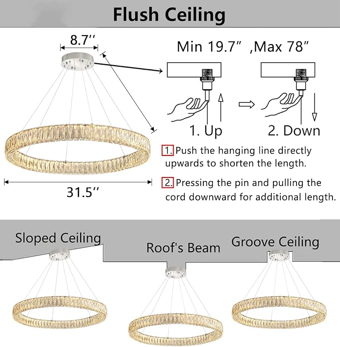 HAIXIANG Modern Crystal Chandelier Dimmable LED Ring Pendant Chandeliers Light