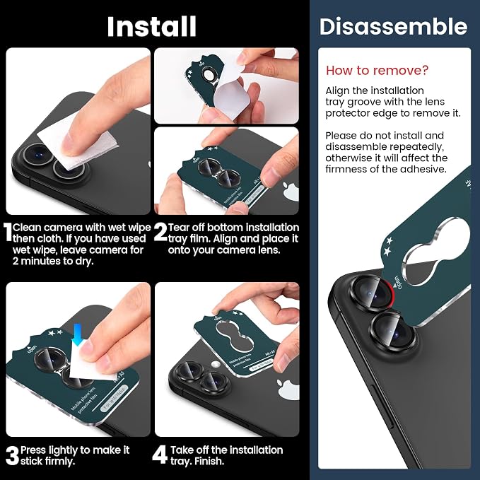 Tensea for iPhone 16 / iPhone 16 Plus Camera Lens Protector, 9H Tempered Glass