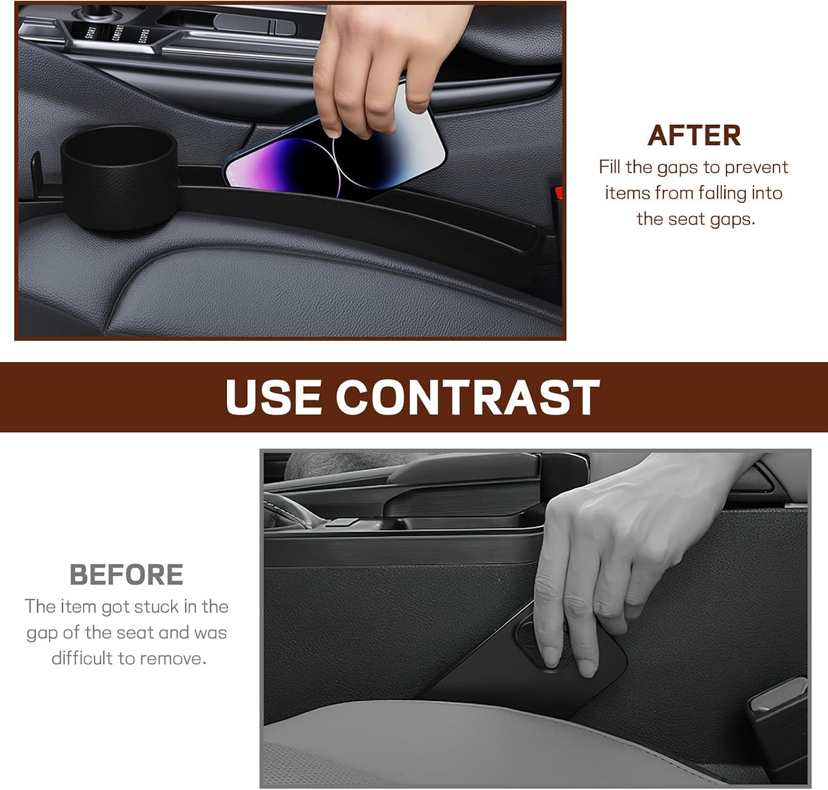 Wuyaoyao 2PCS Car Seat Gap Filler Organizer, Multifunctional Vehicle Seat Side Gap Filler with Organizer & Cup Holder, Automotive Seats Crevice Stopper Gaps Plug, Universal Car Accessories (Black)
