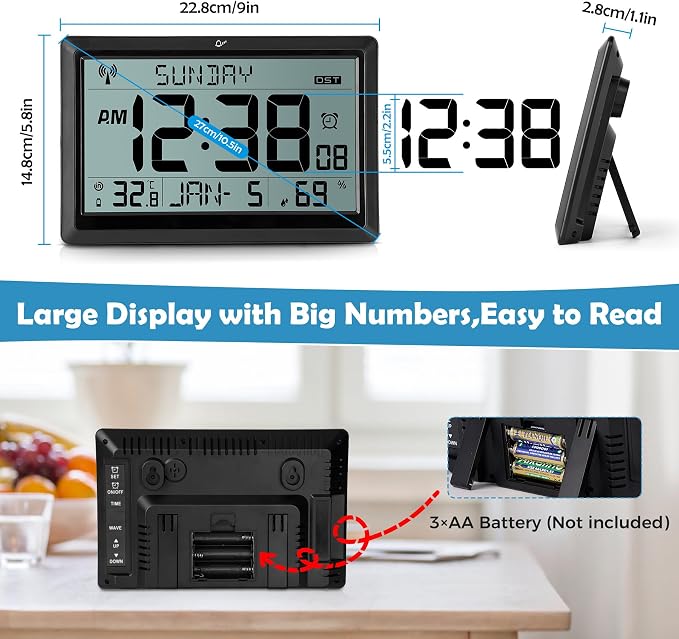 SZELAM Atomic Clock, 10.5"Large Display Digital Wall Clock Battery Operated
