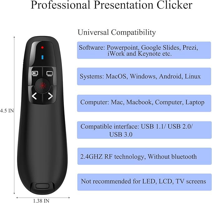 Wireless Presentation Clicker for Google Slides: 100ft Range | Ultra-Bright