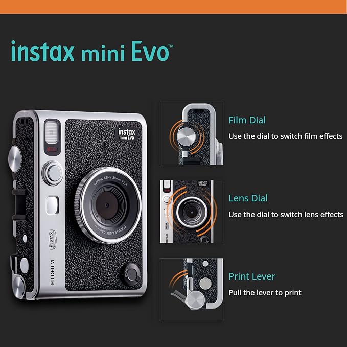 Fujifilm Instax Mini EVO Hybrid Black Instant Camera | Instax Mini Twin Pack