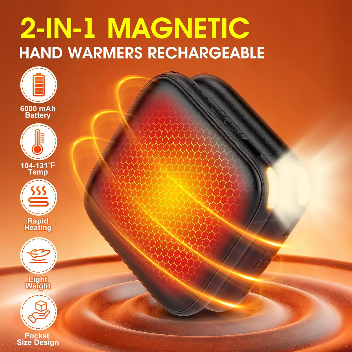 Skiennix Rechargeable Hand Warmers - 6000mAh Fast Heating, 3 Temperature Settings, Portable Pocket Heater | Perfect Christmas Gift for Men, Women, and Teens