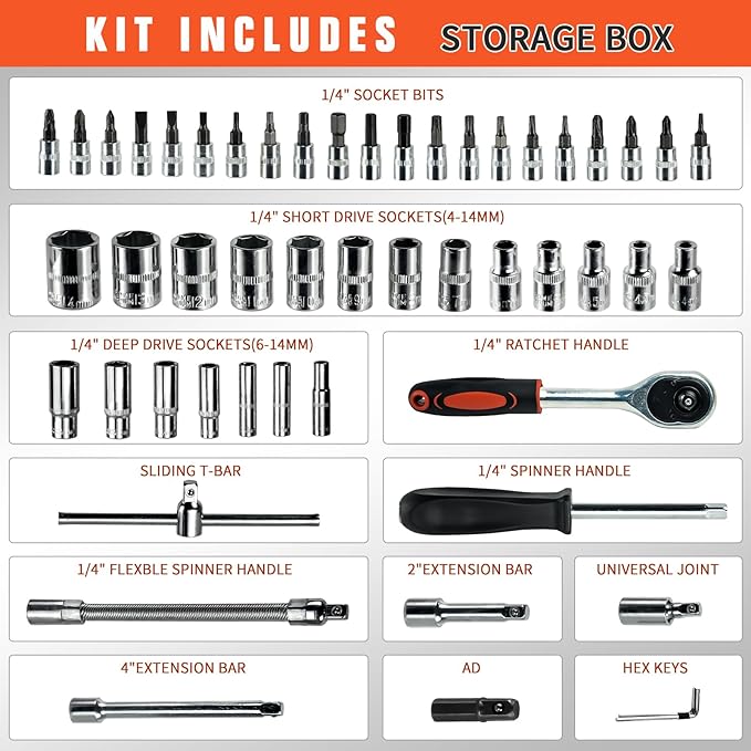 53 Pieces Socket Wrench Set Drive Socket Set with 1/4 Inch Ratcheting Wrench Plastic Toolbox Storage Case for Automotive Repair And Home Use