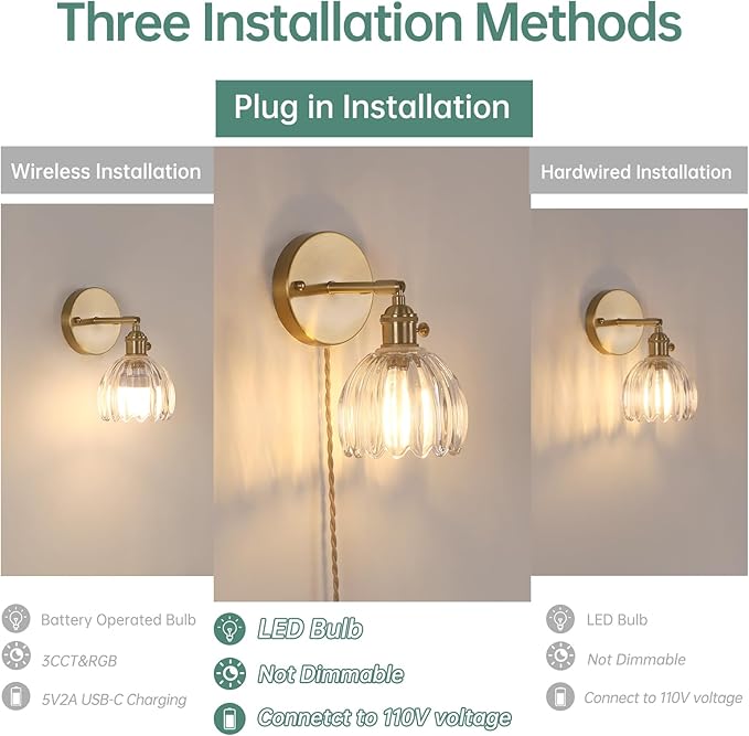 Plug in Wall Sconce, Transparent Tulip Glass Lampshade Wall Light Plugin Corded for Bedside Bedroom Doorway, 2 Pack