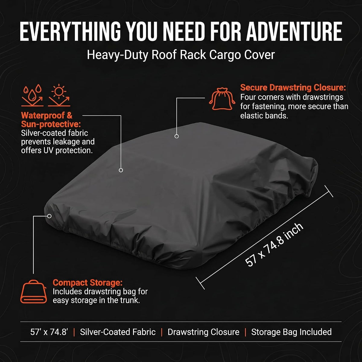 1 PC Car Roof Rack Cover, Waterproof Sunproof Silver Coated Fabric Cargo Bag Protector with Drawstring, Universal Travel Accessory for Most Cars, Trucks, SUVs (Black)