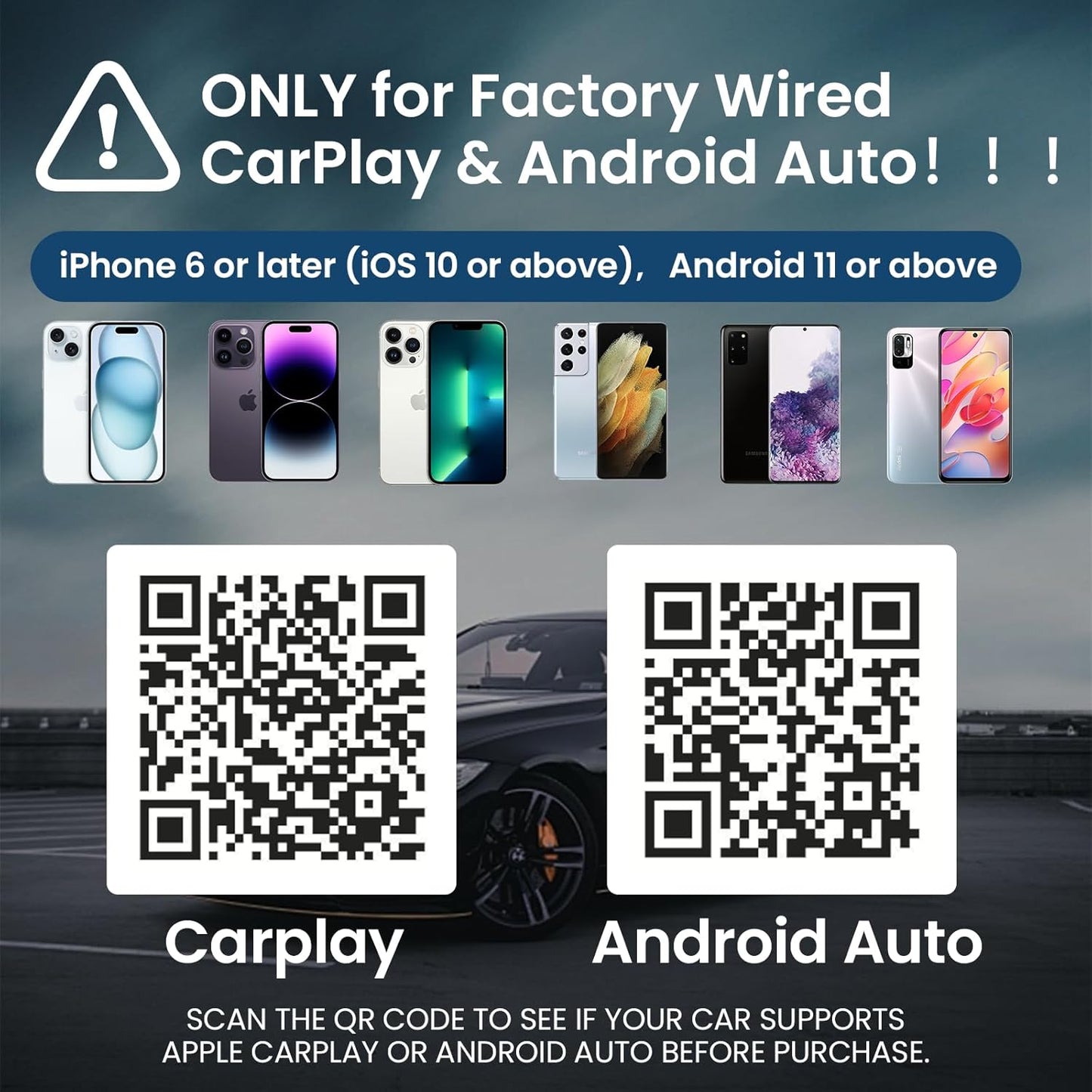 Wireless CarPlay Adapter,2-in-1 Apple CarPlay & Android Auto Wireless Adapter with Mini Snug Fit Design, Converts Factory Wired to Seamless for iPhone iOS 10+ & Android 11+ (Black)