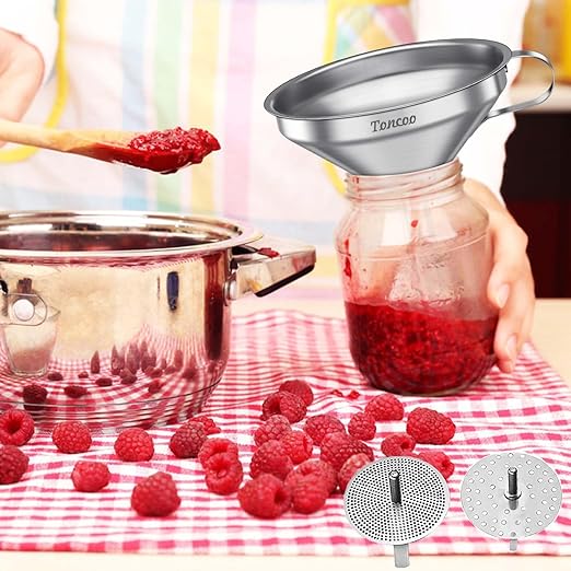 Toncoo 6 Pack Stainless Steel Funnels for Kitchen Use, Food Grade Cooking Funnel with 3 Strainer, Kitchen Funnel Set Metal Funnels for Filling Bottles