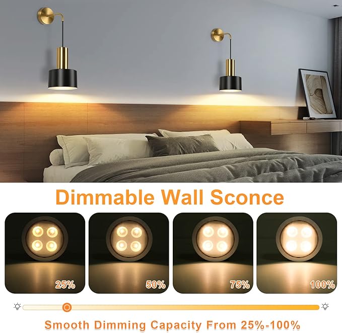VerRon Set of 2 Battery Operated Wall Sconces, Wireless Wall Lights with Remote, Black & Gold Dimmable Wall Lamps with 3000K/4000K/6000K LED Bulbs, Modern Sconces for Bedroom Living Room Hallway