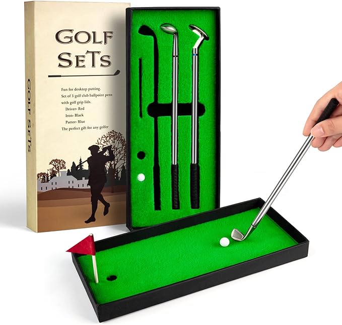 Juboury Mini Desktop Golf Pen Gift Set with Putting Green, Flag, 3 Golf Club Pens & 2 Balls