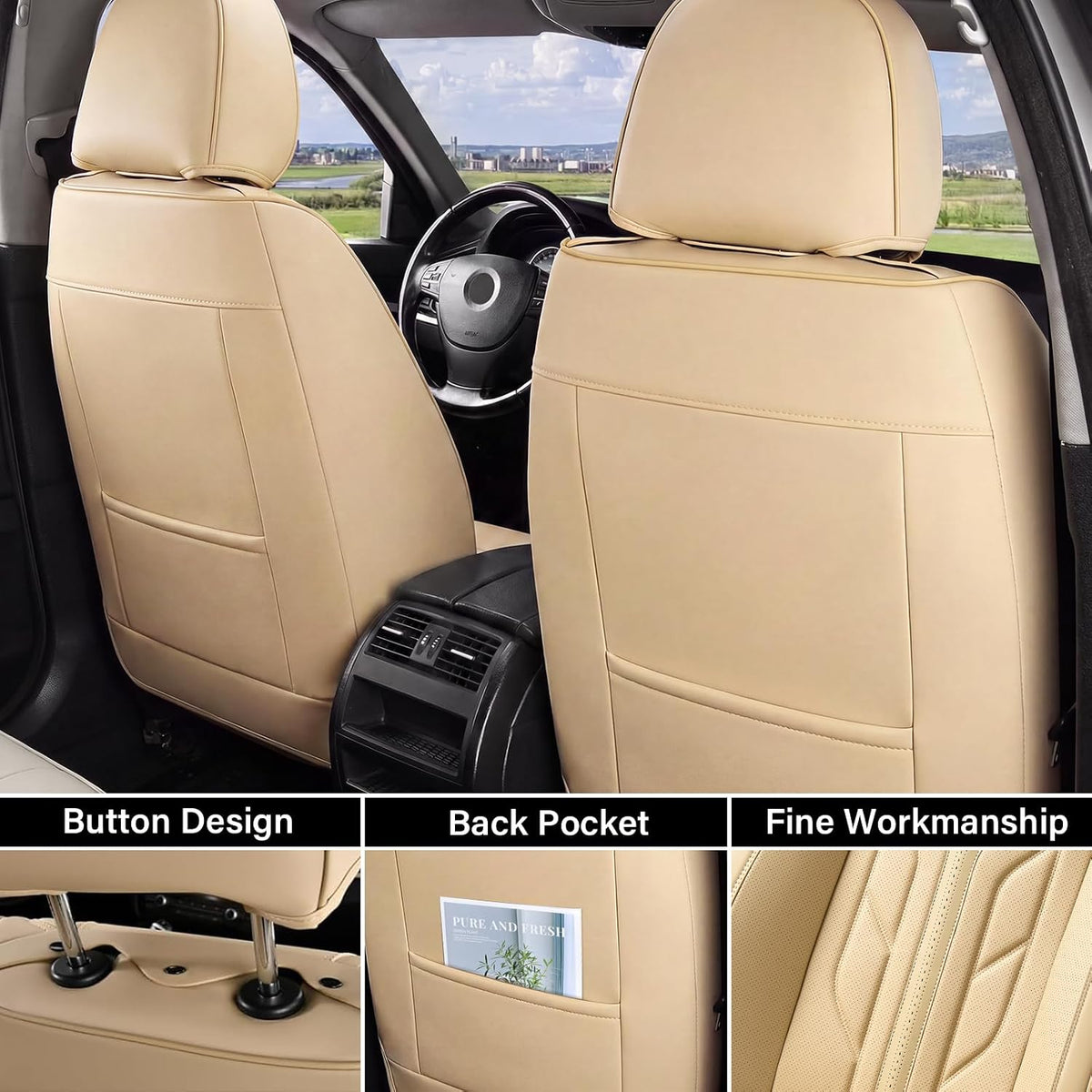 Coverado Seat Covers, Car Seat Covers Front Seats, Leather Seat Covers for Cars, Automotive Seat Covers Car Seat Protector Car Seat Cushion Universal Fit for Most Sedans SUV Pick-up Truck(Beige)