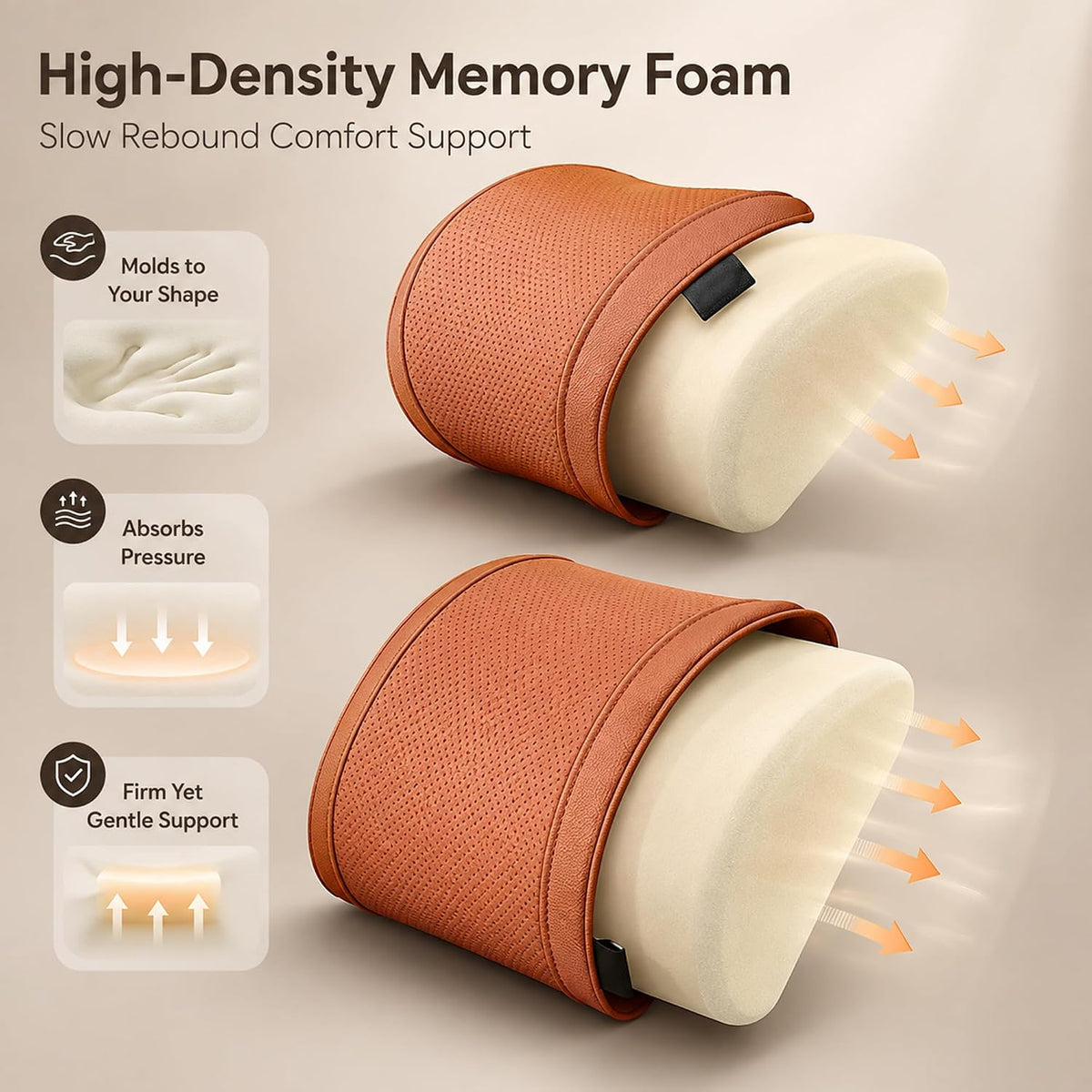 Ergonomic Headrest and Lumbar Support Set for CarSeats, Leather Car HeadrestPillows, Luxurious MemoryFoam Car NeckPillow (Orange, Headrest Cushion)