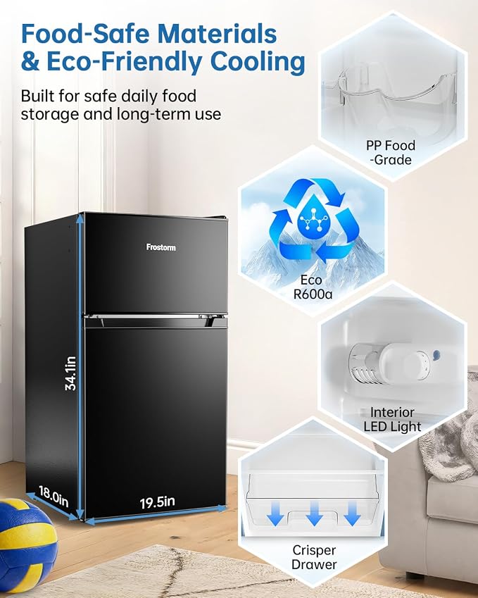 3.2 Cu Ft Mini Fridge with Freezer, Double Door Upright Freezer | Energy Efficient, Glass Shelves, Interior Light, ETL Certified, Compact Small Refrigerator for Bedroom, Office & Dorm, Black