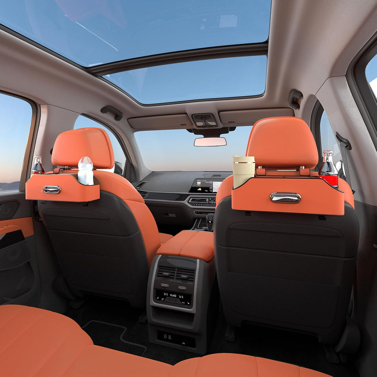 Car Seat Back Cup Holder, 4-in-1 Multifunctional Backseat Organizer with Tissue Box Storage & Hooks (Orange)