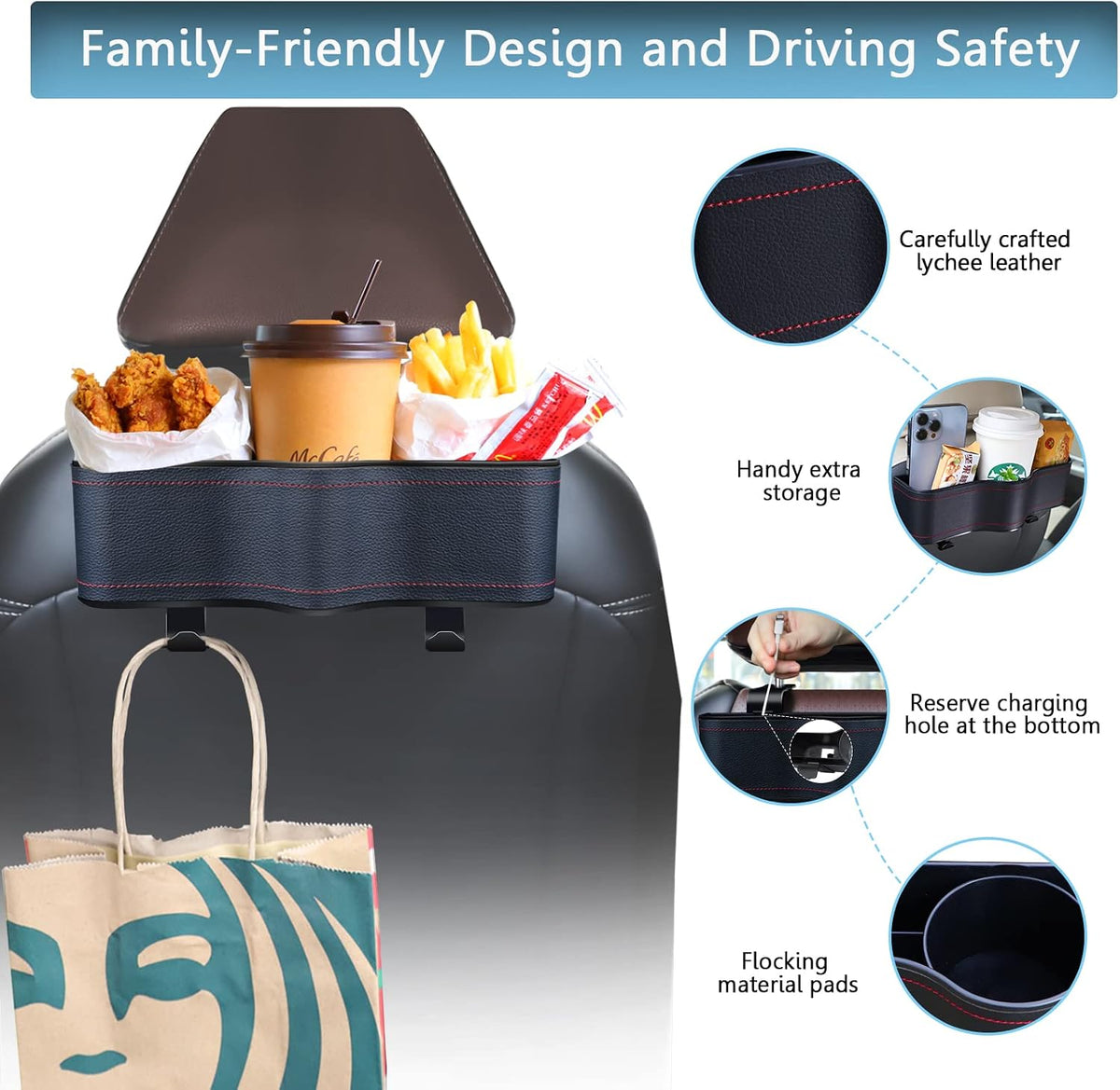 Backseat Car Organizer with Cup Holder &Headrest Hooks, Premium Leather-1PC