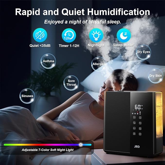 JRD Warm & Cool Mist Humidifiers for Bedroom 5L, Quiet Ultrasonic Air Humidifier Fast Symptom Relief, 50H Runtime, Oil Diffuser, 12H Timer, 7 Color Light for Large Room, Office, Baby, Plants-Black
