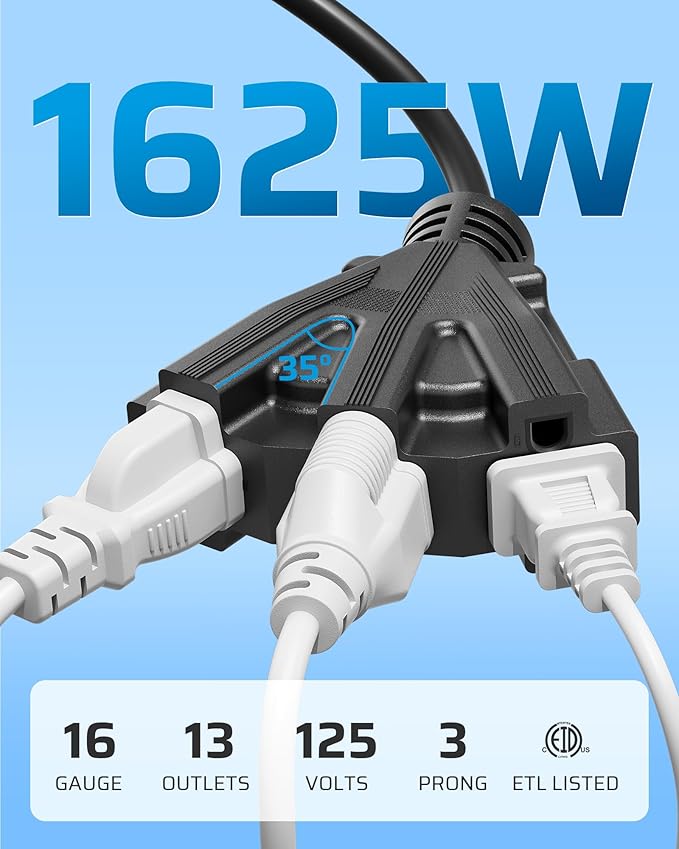 DEWENWILS 25FT Outdoor Extension Cord, Tri-Tap Extension Cord Splitter, 3 Outlet 16/3 SJTW Power Cable for Landscape Lighting String Lights, 13A/125V/1625W, ETL Listed, Black, 1 Pack