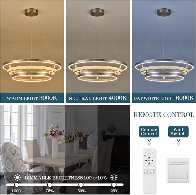 3 Ring LED Chandelier Nickel Round Chandelier Light Fixture Dimmable Foyer