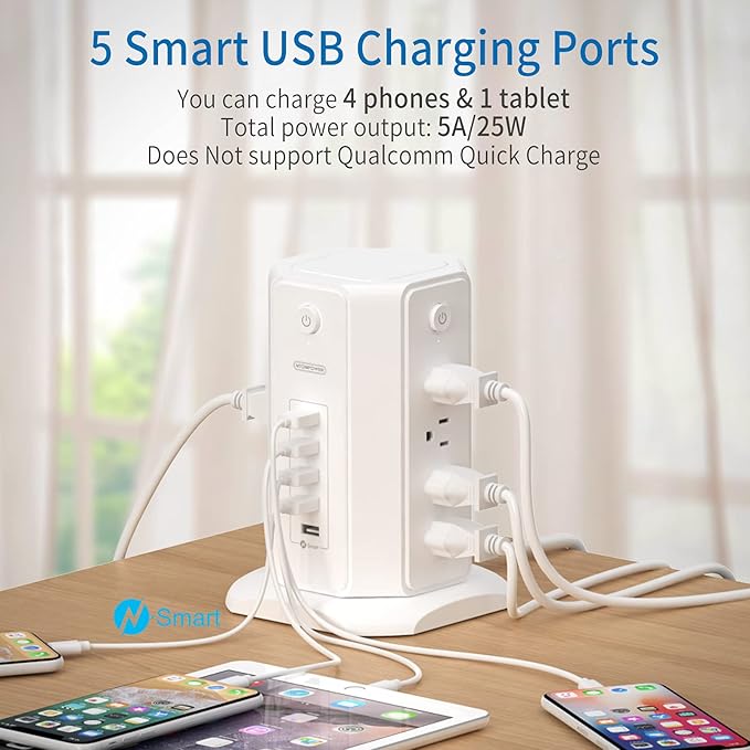 Power Strip Tower Surge Protector, NTONPOWER 8 Outlet 5 USB Desktop Charging Station 1625W 13A, 6ft Extension Cord Flat Plug, Individual Switches, 1080 Joules, Overload Protection for Home Office